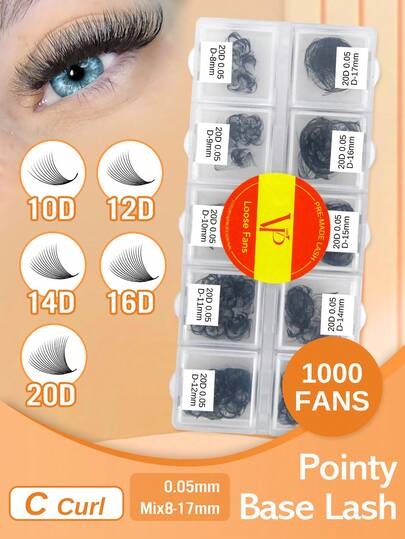 Abanico de 1000 fans: C/D 10D/12D/14D/16D/20D 0,05 mm Abanico suelto de longitud mixta Base delgada media Tallo puntiagudo Pestañas postizas rusas de volumen suelto premontadas