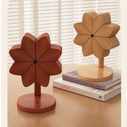 木质隔热碗垫、隔热垫和花朵杯垫套装，带支架。创意风车造型隔热隔热垫，耐热高品质杯垫和隔热垫，适用于您的餐桌。