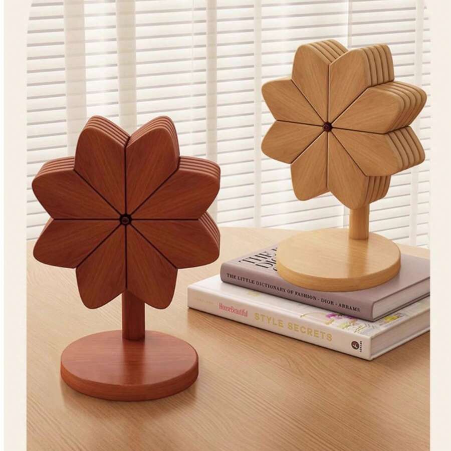 木质隔热碗垫、隔热垫和花朵杯垫套装，带支架。创意风车造型隔热隔热垫，耐热高品质杯垫和隔热垫，适用于您的餐桌。 - 彩色 - 查看 1