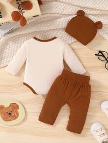 3pcs/Set Baby Boy Casual Outfit, Cute Letter Print & Cartoon Bear Embroidery Decor Bodysuit, Elastic Waist Pants And Hat, Suitable For Daily Wear, Vacation, Party, Photography