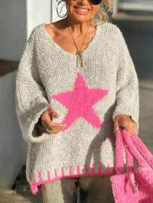 Star Contrast Color Knit Sweater With Trim, Casual Wear For Spring And Autumn - Light Grey - View 2