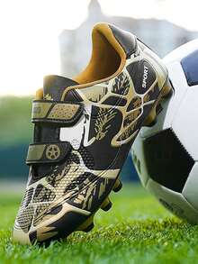 Youth, Campus Student Sports Football Shoes, Football Training Shoes, Football Match Shoes, Soft Spikes Anti-Slip, Long Spikes Anti-Slip, Hook And Loop Convenient To Wear (Asymmetrical Camouflage Pattern On Uppers) - Gold - View 3