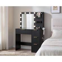 36.2" Fluted Vanity Desk With Mirror And Adjustable LED Lights, Large Makeup Vanity With 4 Drawers, Glass Top And Charging Station For Bedroom Or Dorm, Women And Girls, Black - 查看 1