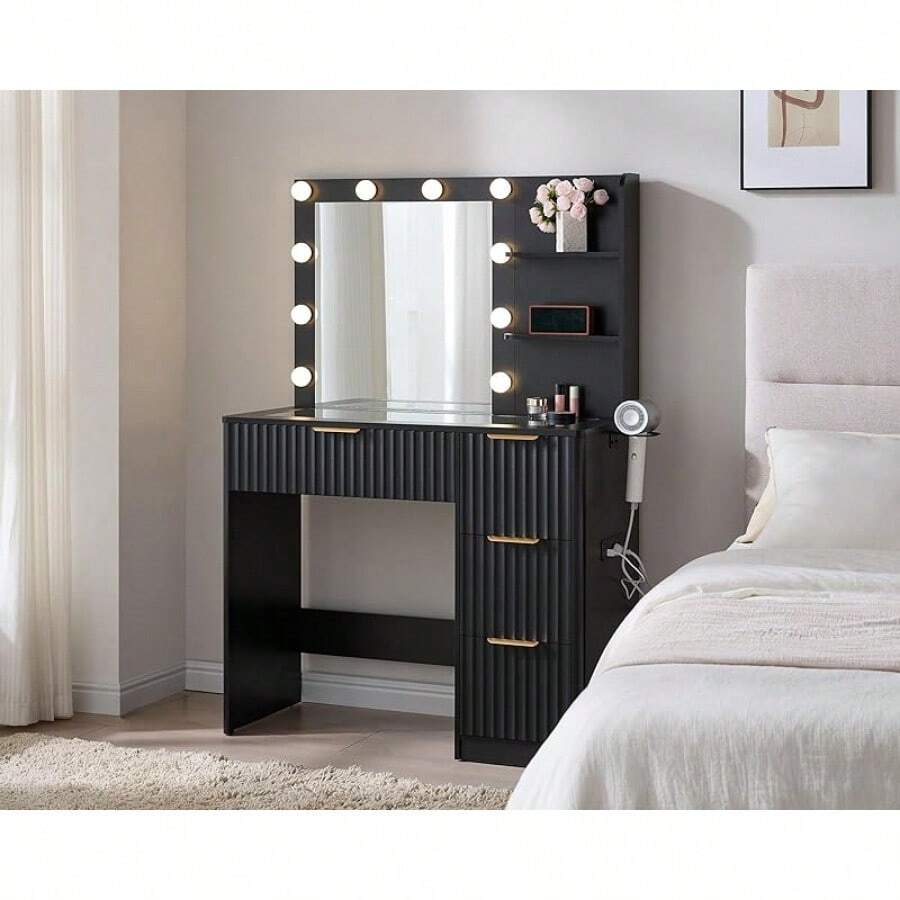 36.2" Fluted Vanity Desk With Mirror And Adjustable LED Lights, Large Makeup Vanity With 4 Drawers, Glass Top And Charging Station For Bedroom Or Dorm, Women And Girls, Black - 查看 1