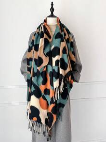 1 pieza Nuevo estilo de imitación de cachemira Chal grande con estampado de leopardo colorido y cálido, chal/manta versátil y de moda con flecos cortos para mujer, perfecto para viajar, fiestas, salas con aire acondicionado y regalo familiar para vestir en otoño e invierno - Estampado de leopardo colorido - Ver 5