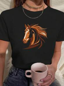 Camiseta Feminina Cowgirl Cavalo Vibes Rodeo Barretos Babylook - Anos 80 Colorida  Retrô    Algodão    Variás cores - Preto - Visão 1