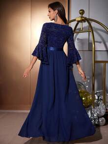 MIUSOL Tiefer V-Ausschnitt Blumen Spitze Kontrast Chiffon Glockenärmel mit Strass Taille Formelles Party Kleid, elegantes Abendkleid für Abschlussball, Hochzeitsgast, Graduierung, Dinner - marineblau - Übersicht 2