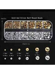 12-Piece Set Of Gold And Silver Half-Round Nail Art Accessories, Mixed Assembly 3D Nail Diamonds(Suitable For Halloween, Thanksgiving, Christmas, And Festive Party Nail Decorations) - 6格金色6格銀色 - 查看 2