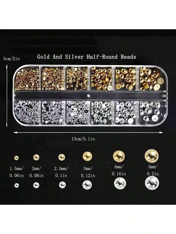 12-Piece Set Of Gold And Silver Half-Round Nail Art Accessories, Mixed Assembly 3D Nail Diamonds(Suitable For Halloween, Thanksgiving, Christmas, And Festive Party Nail Decorations) - 6格金色6格銀色 - 查看 2