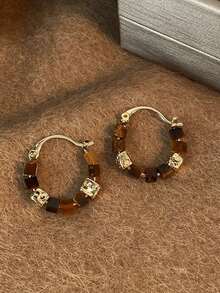 1 对复古优雅高端独特棕色方形虎眼串珠设计时尚百搭环形耳环，适合女性日常、通勤、节日、派对