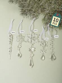 5/10/18件装亚克力雪花冰柱圣诞树挂饰，配水晶吊坠 – 经典风格非电动圣诞装饰品，适用于家居和派对装饰、办公室装饰、主题派对装饰、圣诞节装饰、房间装饰、冬季圣诞装饰、家居圣诞礼物、圣诞装饰 - 彩色 - 查看 10