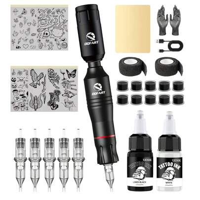 DQFART Wireless Tattoo Gun Kit, Includes Tattoo Pen, 1 Tattoo Battery, 1 Bottle Of 20ml Black Tattoo Ink, 1 Bottle Of 20ml White Tattoo Ink, 5 Tattoo Needles, 5 Tattoo Transfer Papers, Practice Skin, Complete Tattoo Supplies Set, Suitable For Beginners
