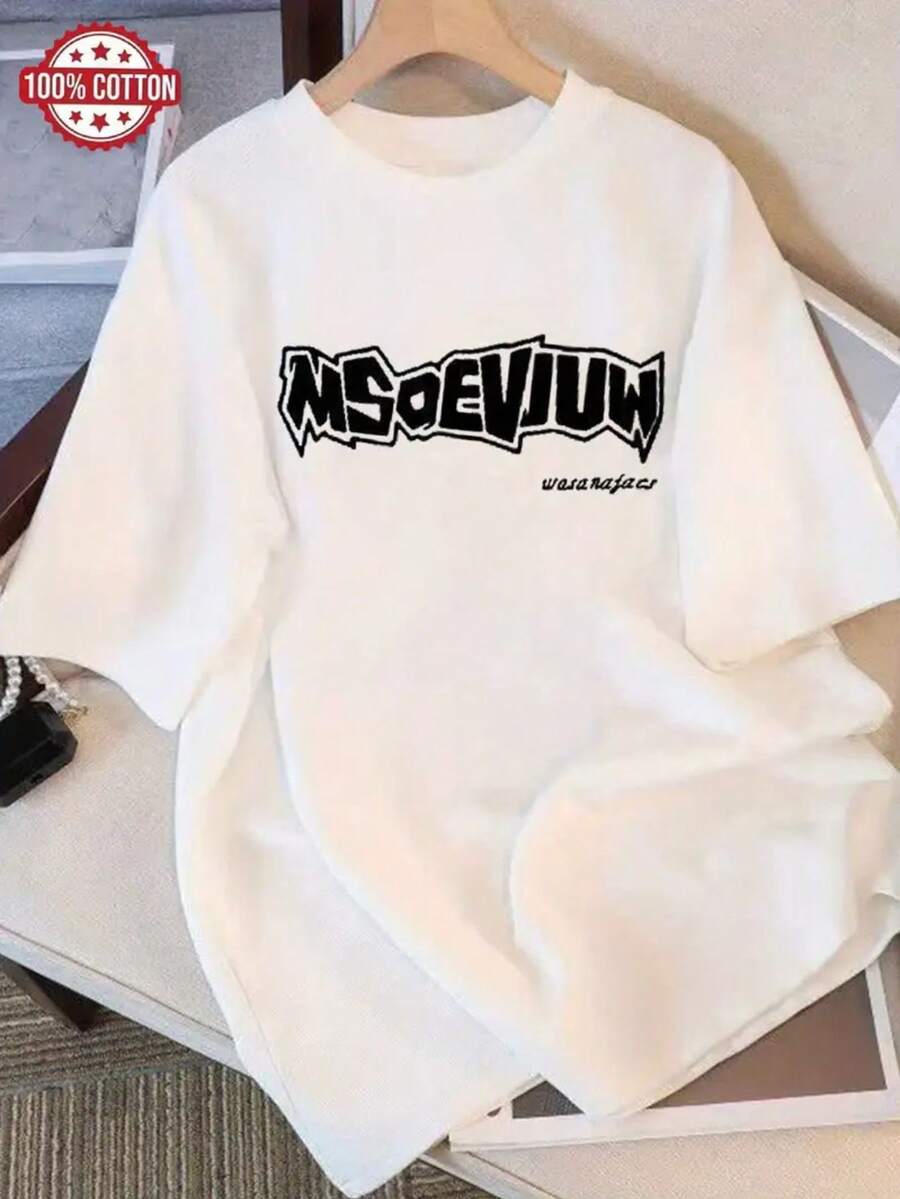 1PC Women's Casual Short Sleeve T-Shirt|Black Slogan Text|100% Cotton Crew Neck|Suitable For Spring,Summer And Autumn - White - View 1
