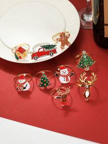 1/6pcs Creative Christmas Series Napkin Rings, Hotel Tableware Snowman & Christmas Tree Napkin Rings Decorations - Multicolor - View 6
