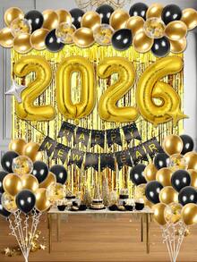 kumozawa 77 件/套 - 新年快乐气球套装、新年烟花拉旗、金色背景金箔窗帘和金色和黑色乳胶气球、2026 年除夕照片背景、除夕派对装饰、2026 年新年派对用品，适用于 2026 年新年派对和家庭聚会 - 彩色 - 查看 1