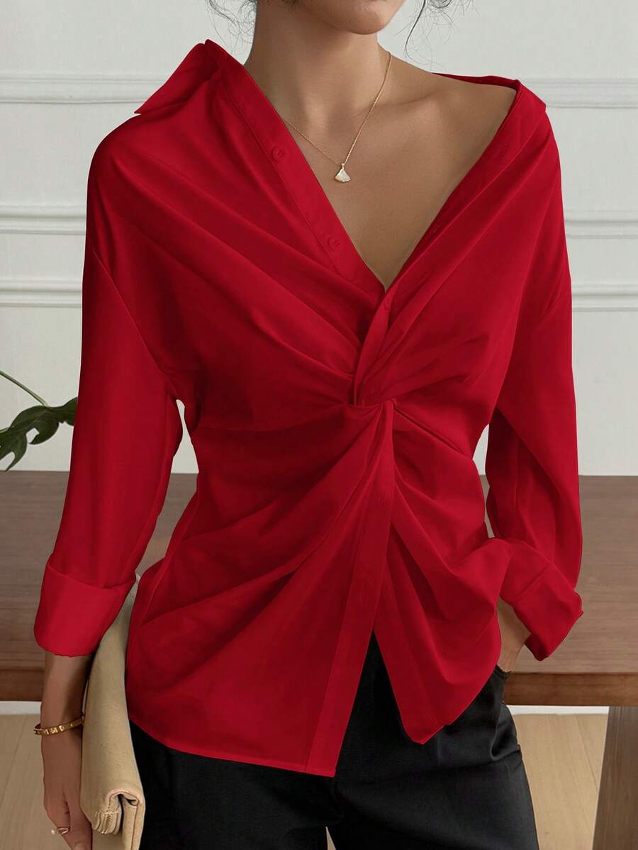 Women Drop Shoulder Solid Color Long Sleeve Twist Knot Blouse - Red - View 1