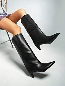 秋冬新款棕色绒面革细跟高筒靴，百搭女靴，细跟 - 黑色 - 查看 5