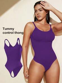 1pc Women Seamless Shaping Bodysuit With Thong Bottom, Slimming Bodyshaper Tummy Control Flat Belly Sheath Jumpsuit Shapewear Waist Trainer Shaper - 紫色 - 查看 1