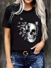 Butterfly And Skull Print, Summer Men&Women's Clothing, Cute Apparel, Ideal For Gifting, Comfortable And Breathable, Affordable And Adorable, New Men&Women's Casual T-Shirt - Black - View 2