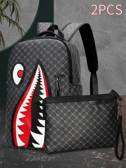 2pcs Set: Men's Backpack + Clutch Bag, PU Floral Business Backpack, Bookbag Set, Large Capacity Multifunctional Travel Backpack, Laptop Bag, Christmas Gift For Men Halloween Accessories