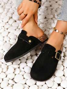 Women's Suede Mule Slippers, Casual Shoes, Flat Slippers, With Metal Buckle Decoration, Round Toe, Non-Slip Rubber Sole, Suitable For Spring And Summer Home Wear And Outdoor Vacations - màu đen - Xem 17