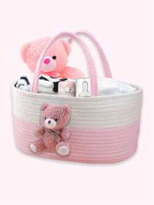 带手柄的 Bear 尿布收纳盒推车储物架，适用于婴儿房，Bear 婴儿淋浴篮礼物，婴儿沐浴篮，用于尿布和婴儿湿巾，Bear 婴儿托儿所篮子，新生儿必需品优雅收纳盒，完美的洗礼礼物和纪念品 - 彩色 - 查看 8