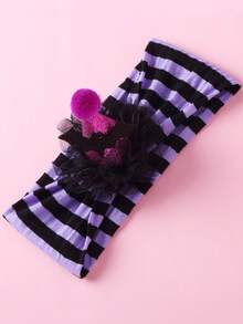 2pcs/Set Cute Baby Hair Accessories, 3D Mesh Floral Pom Pom Hat Decor, Soft Comfortable Striped Nylon Baby Headband, Halloween Party Holiday Headpiece