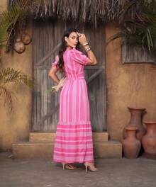 Elegante Vestido Casual Longo Feminino Estampado Com Mangas Elegantes, Elástico na costa Bojo, Forro Confortável - Pink - Visão 6