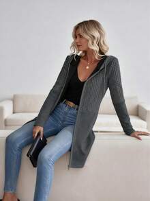 Sporty Elegance, Women's Striped Hooded Jacket - Casual Sport Style, Polyester, Machine Washable - Perfect For Fall And Winter - Màu xám đen - Xem 2