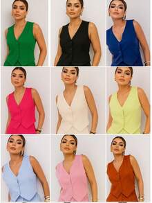 Plain Tailored Vest - The Sophisticated Choice For Work And Everyday Wear - 黑色 - 查看 2