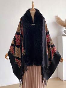 一件优雅宫廷刺绣图案围巾毛领披肩，波西米亚风格设计，保暖装饰刺绣围巾毛领披肩斗篷，附赠1枚珍珠胸针，时尚保暖配饰，女士完美礼物，适合日常穿着。 - 黑色 - 查看 3