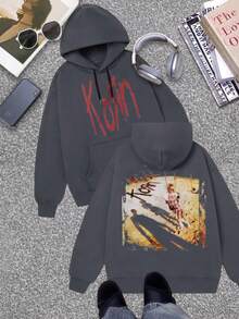 Pop Music Style - Autumn/Winter Thin Fleece Hoodie - Korn Graffiti Print Sweatshirt For Teens - Perfect Long Sleeve Halloween Gift, Christmas Gift, Birthday Gift, And Couple Hoodie - 灰色 - 查看 1