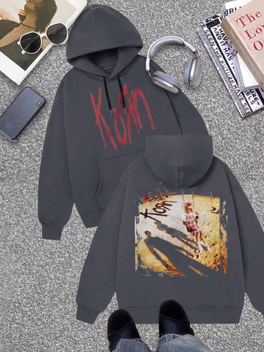 Pop Music Style - Autumn/Winter Thin Fleece Hoodie - Korn Graffiti Print Sweatshirt For Teens - Perfect Long Sleeve Halloween Gift, Christmas Gift, Birthday Gift, And Couple Hoodie - 灰色 - 查看 1