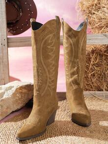 Pointed Toe Thick Sole Chunky Heel New Fashion Versatile Faux Suede V-Cut Tall Boots, Embroidered Western Cowboy Boots, Suitable For Vacation, Music Festival, Halloween