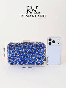 REMANLAND 闪亮优雅的盒形手拿包，时尚手提包，饰有蓝色水钻链条，适合女士参加派对、婚礼、正式晚宴、宴会等场合，是派对女孩和女士的理想之选，也是送给女性的绝佳礼物。 - 寶藍色 - 查看 4