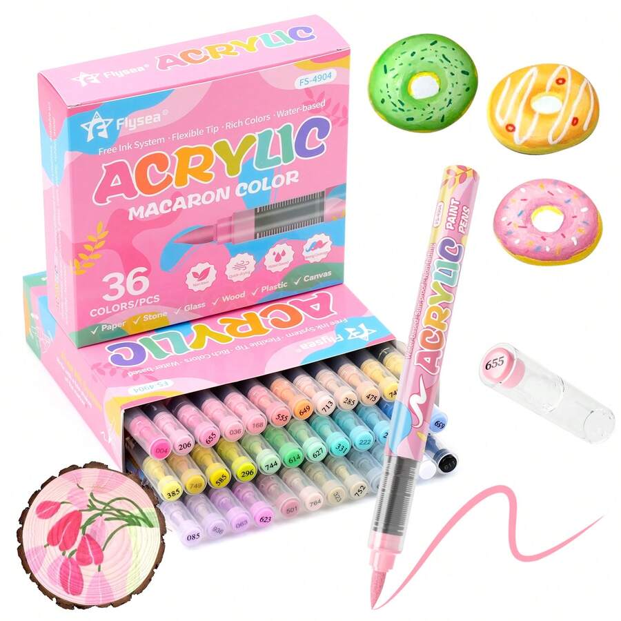 1 Box Of 12/24/36 Colors Macaron/Skin Tone Acrylic Marker Pens, Flexible Chisel Tip, Suitable For Paper, Rock, Ceramic, Card Making And DIY Crafts, Back To School Supplies, Halloween, Thanksgiving, Christmas Gifts