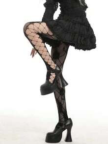 A Pair Of Black Side Hollowed Out Stockings For Women's Fishing Nets, Sexy And Thin Retro Rose Side Mesh Hollowed Out Pantyhose - 黑色 - 查看 6