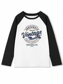 Women's Loose Casual Versatile English Letter Contrast Color Print Long Sleeve T-Shirt, - Black and White - View 3