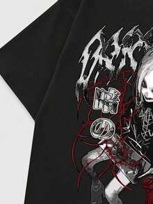 ROMWE MEN Anime Casual Short Sleeve Round Neck Letter Print Cartoon Character Summer T-Shirt For Men School - Black - View 5