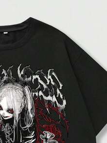 ROMWE MEN Anime Casual Short Sleeve Round Neck Letter Print Cartoon Character Summer T-Shirt For Men School - Black - View 8