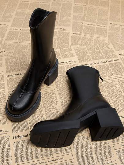 Women's Autumn/Winter New British Style Leather Platform Short Boots, Black Retro Metal Zipper Round Toe Thick Heel Chunky Boots, Warm & Comfortable Thick Heel High Heel American Short Boots, Fashion Riding Short Boots