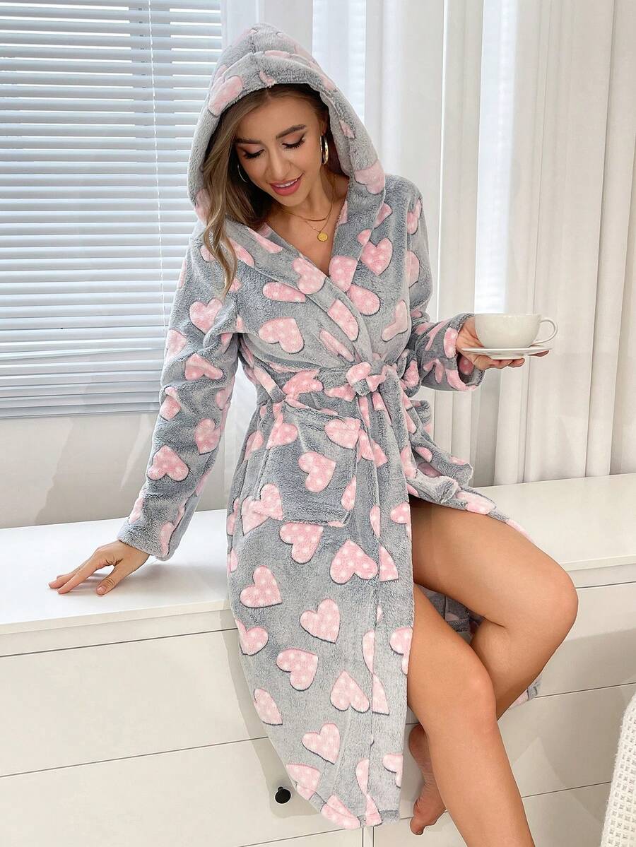 1pc Women's Heart & Polka Dot Print Robe, Elegant & Fashionable, Thick & Warm For Autumn/Winter, Comfortable For Outdoor, Vacation, And Loungewear, Fluffy, Cozy