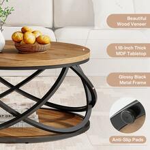 Tribesigns 31.5" Round Coffee Table With Storage Shelves, 2-Tier Circle Center Table With Sturdy Metal Frame, Rustic Accent Cocktail Table For Living Room, Small Space, Brown - Brown & Black - View 11
