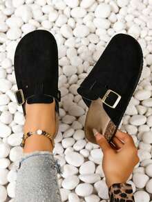 Women's Suede Mule Slippers, Casual Shoes, Flat Slippers, With Metal Buckle Decoration, Round Toe, Non-Slip Rubber Sole, Suitable For Spring And Summer Home Wear And Outdoor Vacations - màu đen - Xem 16