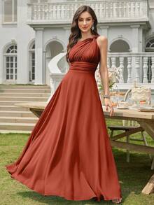 Volly Toych Auburn A-Line One Shoulder Keyhole Ruched Chiffon Elegant Maxi Formal Bridesmaid Dress, Wedding Guest Summer - 鏽棕色 - 查看 6
