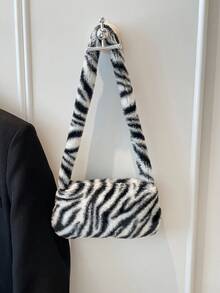 CHICVUE New Autumn/Winter Mini Fashionable Black & White Contrast Zebra Pattern Fluffy Shoulder Bag, Casual Tote Underarm Soft Fluffy Solid Color Handbag, New Arrival Fur Bag For Women Gifts - Black and White - View 6