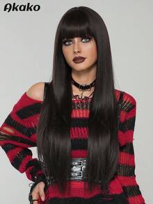 AKAKO 女士超长分层乌黑假发 - 蓬松合成假发，带刘海，自然外观耐热纤维假发，深色哥特式时尚假发，适合日常派对、情人节音乐节和万圣节角色扮演使用 32 英寸 - 自然黑 - 查看 5