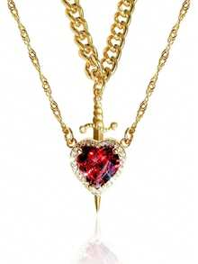 Matching Necklace For Couples Plated Sword And Heart Necklaces Set Dainty Zirconia Chain Pendant Jewelry Gifts For Him And Her - 金色 - 查看 10