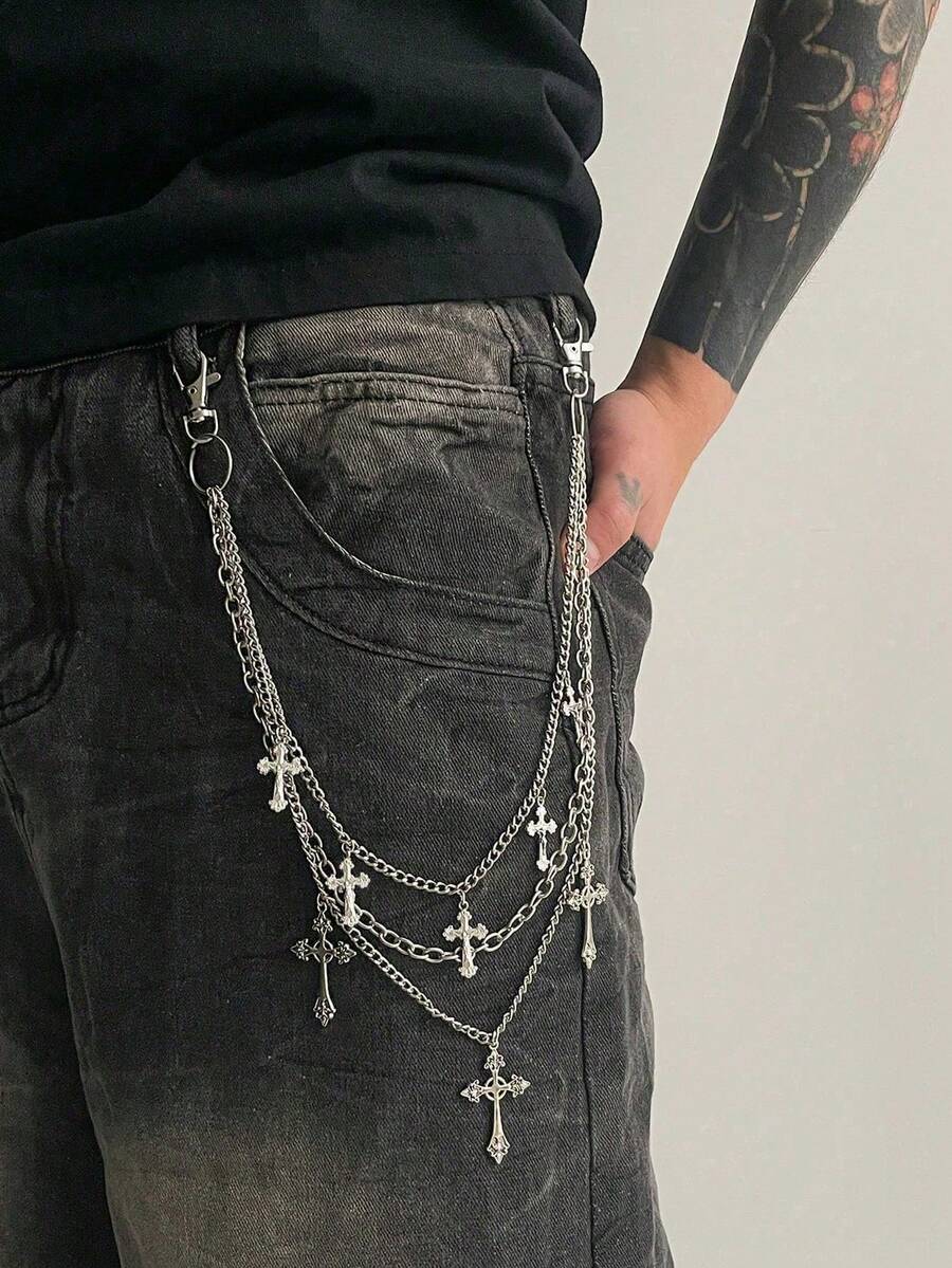 1pc Fashionable Personalized Cross Body Chain, Men's Casual Charm Body Chain, For Pants Decoration, Suitable For Teenagers College Autumn/Winter Outfit