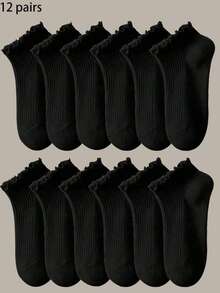 女款2/6/12双，黑白荷叶边竖条纹，透气清爽，ins风，学院风短袜，居家、通勤、派对百搭，情人节礼物 - 彩色 - 查看 9